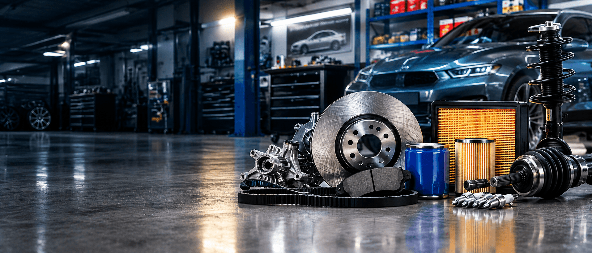 Genuine and aftermarket auto spare parts on display in a professional workshop